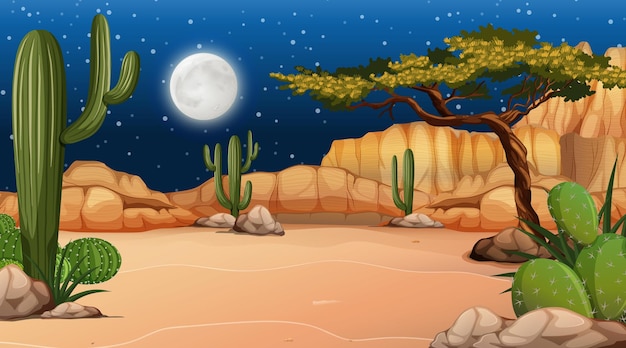 Paisaje forestal del desierto en escena nocturna con muchos cactus