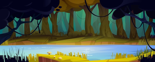 Paisaje forestal con lago y árboles Ilustración vectorial de dibujos animados de agua en un estanque natural rodeado de hierba verde troncos de madera arbustos y plantas Fondo horizontal de la selva soleada de verano