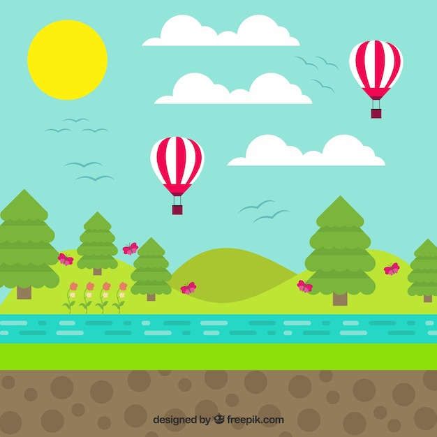 Paisaje con globos en diseño plano