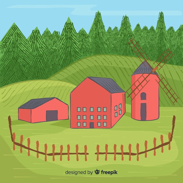 Vector gratuito paisaje de granja dibujado a mano