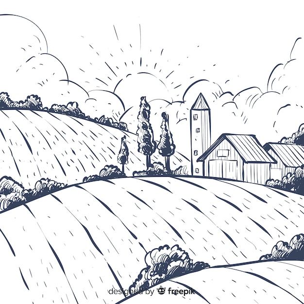 Paisaje de granja dibujado a mano