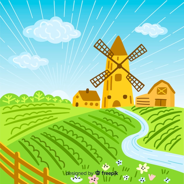 Vector gratuito paisaje de granja dibujado a mano