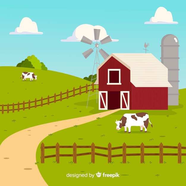 Vector gratuito paisaje de granja en diseño plano