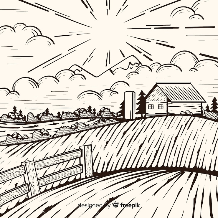 Vector gratuito paisaje de granja en estilo dibujo a mano