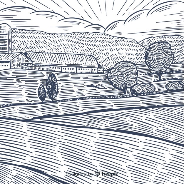 Paisaje de granja en estilo dibujo a mano