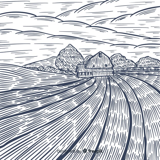 Paisaje de granja en estilo dibujo a mano