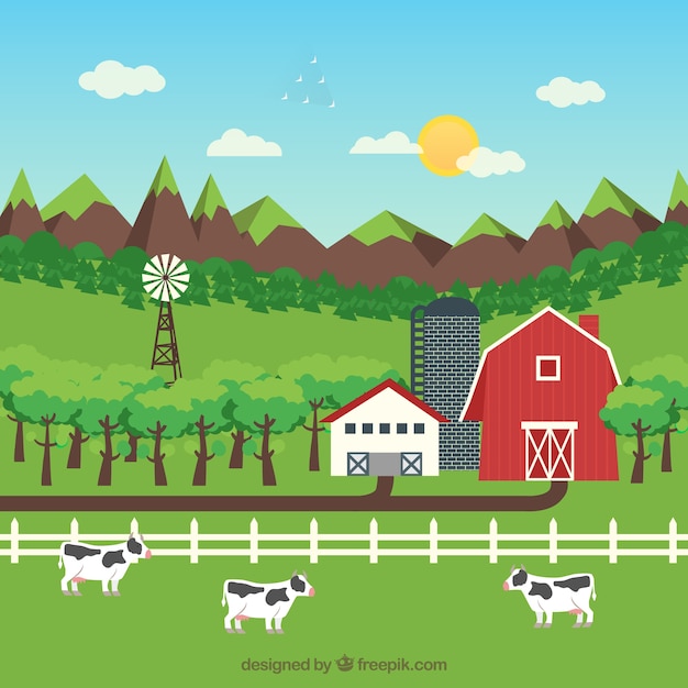 Vector gratuito paisaje de granja con ganado