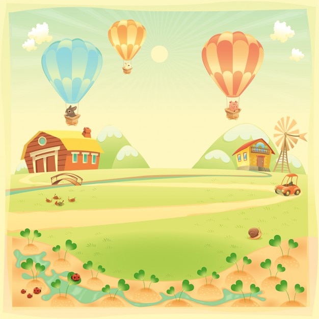 Paisaje de granja con globos