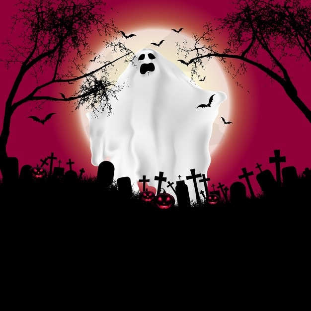 Vector gratuito paisaje de halloween con figura fantasmal y cementerio