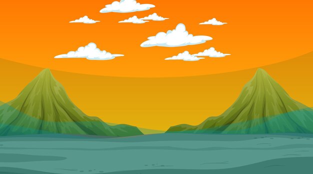Paisaje inundado con escena de montaña en la noche.