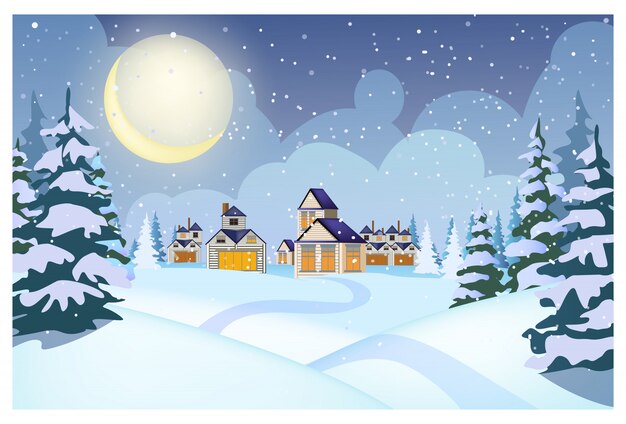 Paisaje invernal con cabañas, montones de nieve y abetos.