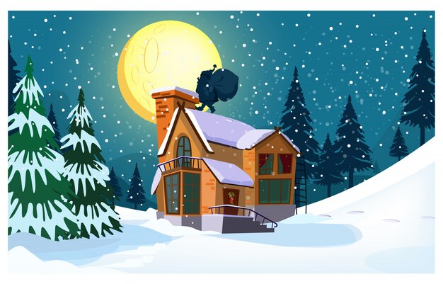 Paisaje invernal con casa de campo, luna, silueta de santa claus