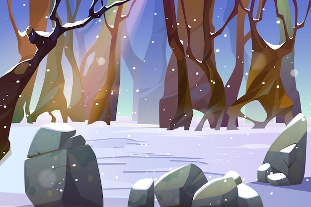 Paisaje invernal del claro del bosque con nieve y árboles desnudos.