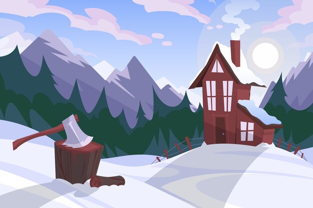 Paisaje invernal en diseño plano
