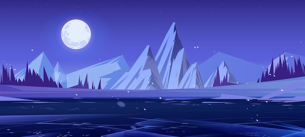 Vector gratuito paisaje invernal con hielo y montañas por la noche.