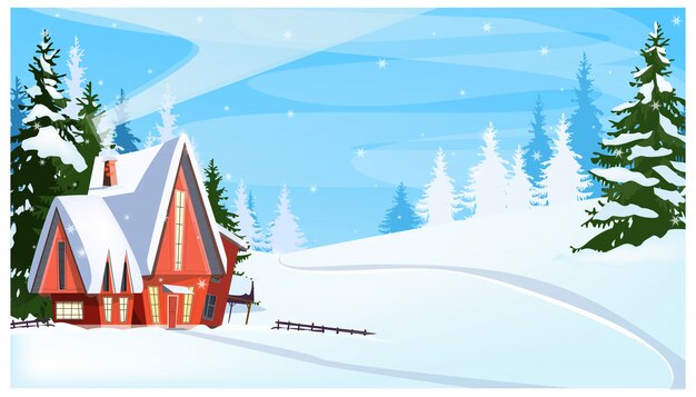 Paisaje invernal con ilustración de casa de campo y abetos