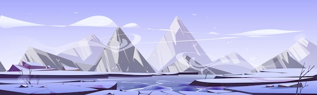 Vector gratuito paisaje invernal con lago congelado y montañas.