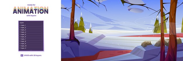 Paisaje invernal listo para la animación del juego Dibujos animados capas separadas nieve tendida en el campo y ramas piceas de carretera bajo un cielo nublado con copos de nieve que caen Ilustración de vector de fondo de paralaje 2d