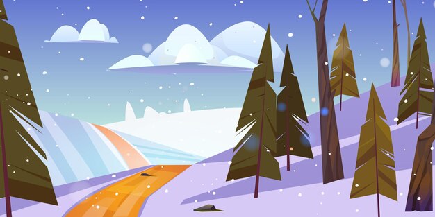 Paisaje invernal con nieve en campo y camino a lo largo de abetos bajo un cielo nublado con copos de nieve cayendo. Fondo de naturaleza de dibujos animados con árboles de coníferas y abetos en la ilustración de vector de madera