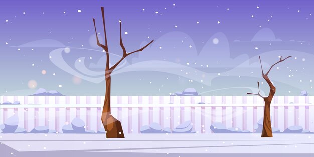 Paisaje invernal de patio trasero con árboles desnudos, valla, nieve blanca y viento. ilustración de dibujos animados de vector de patio vacío, jardín o parque con césped cubierto de nieve, cercas y ventisca