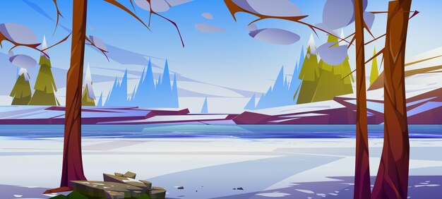 Paisaje invernal con río congelado, árboles desnudos, bosque de coníferas y piedras. Ilustración de dibujos animados vectoriales de la escena de la naturaleza con nieve blanca, hielo sobre agua y rocas.