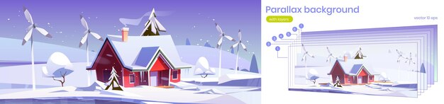 Paisaje de invierno 2d de fondo de paralaje con turbinas de viento y casa. Escena vectorial de dibujos animados con capas separadas para la animación del juego con un hogar ecológico y molinos de viento de generación de energía en la nieve
