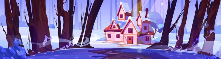 Vector gratuito paisaje de invierno con bosque y casa de pueblo.