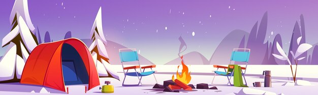 Paisaje de invierno de camping de dibujos animados