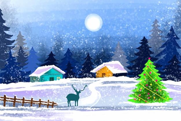 Paisaje de invierno con casas cubiertas de nieve y árbol de navidad de fondo
