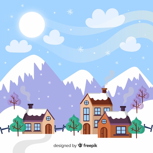 Vector gratuito paisaje invierno casas junto a la montaña