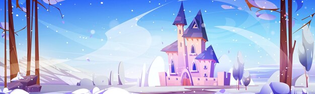 Paisaje de invierno con el castillo real de cuento de hadas