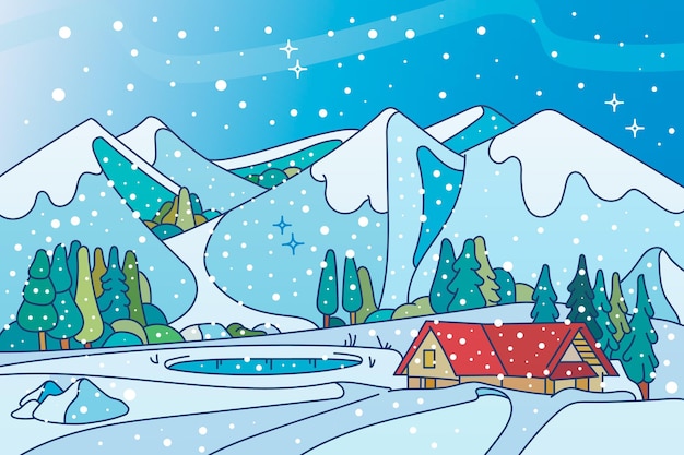 Vector gratuito paisaje de invierno dibujado a mano