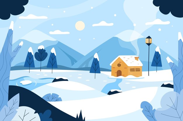 Paisaje de invierno de diseño plano dibujado a mano