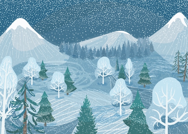 Vector gratuito paisaje de invierno. escena nevada del bosque de montaña de la naturaleza con abeto, camino, abeto, pino. paisaje de nieve al aire libre del norte.