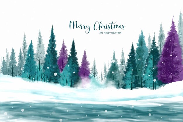 Paisaje de invierno con fondo de tarjeta de árbol de navidad cubierto de nieve