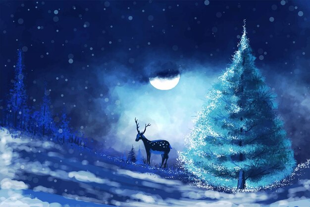 Vector gratuito paisaje de invierno con fondo de tarjeta de vacaciones de árbol de navidad que cae