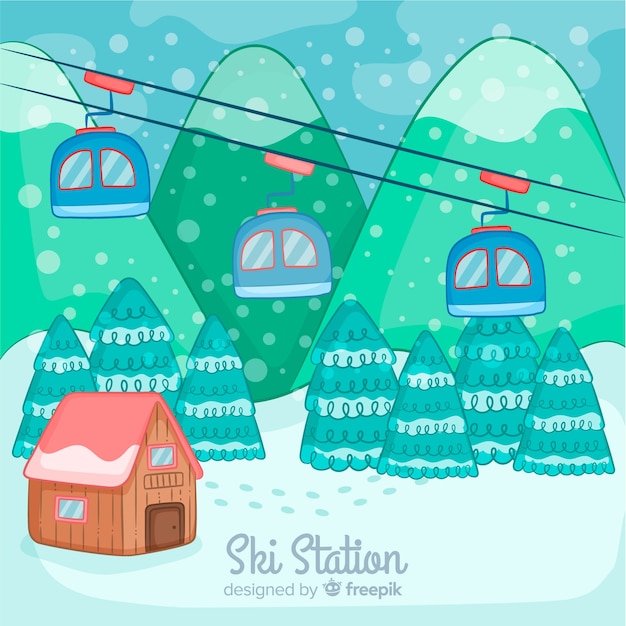 Vector gratuito paisaje invierno funicular dibujado a mano