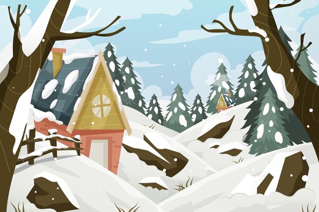 Paisaje de invierno plano dibujado a mano con árboles y nieve
