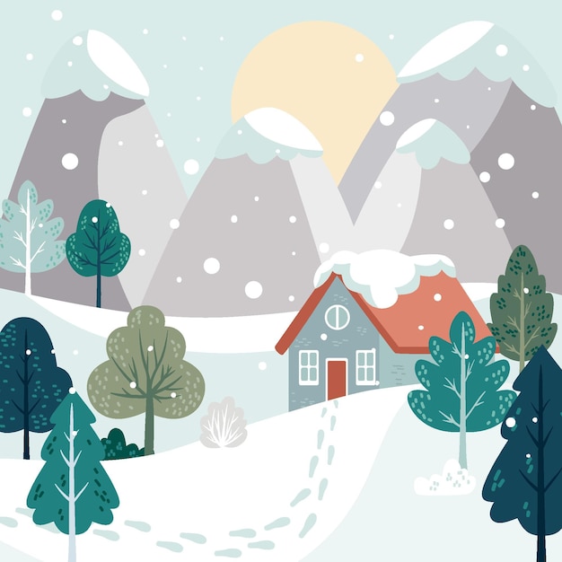 Paisaje de invierno plano dibujado a mano