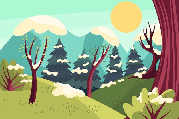 Paisaje de invierno plano dibujado a mano
