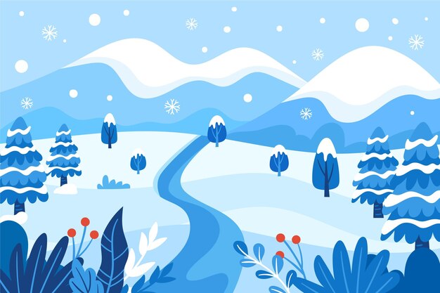 Paisaje de invierno plano dibujado a mano