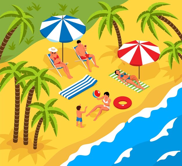 Paisaje isométrico de playa tropical con palmeras y gente relajándose en los salones mamá jugando a la pelota con niños ilustración vectorial 3d