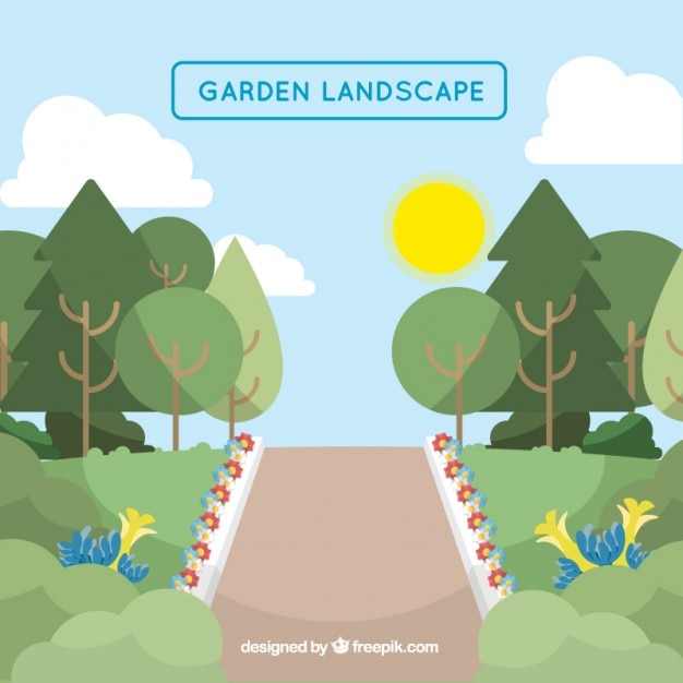 Vector gratuito paisaje de jardín con un camino y flores