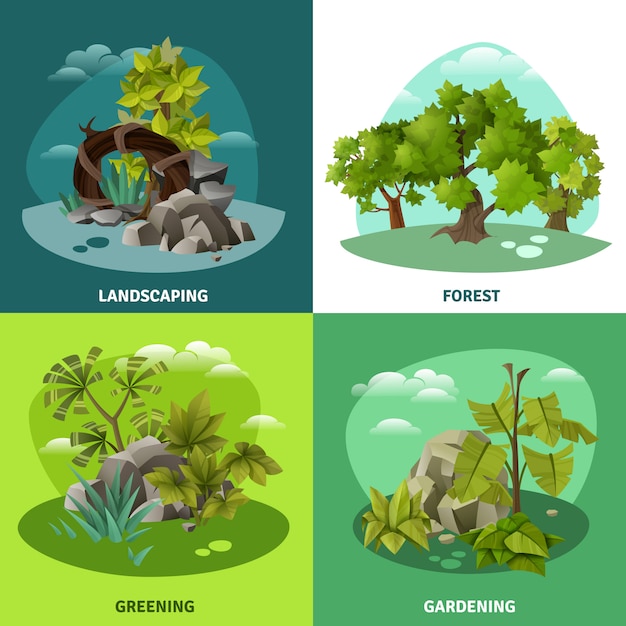 Vector gratuito paisaje jardinería concepto de 4 iconos planos