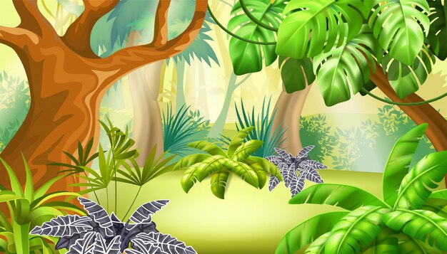 Paisaje de juego con escena de selva tropical.