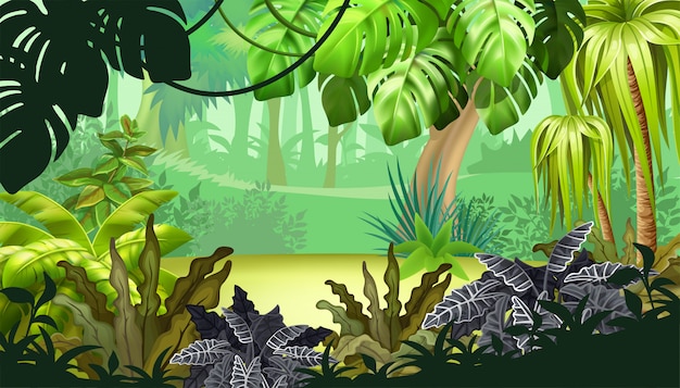 Vector gratuito paisaje de juego con plantas tropicales.