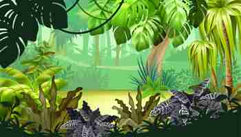 Vector gratuito paisaje de juego con plantas tropicales.