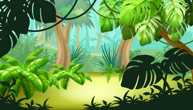 Paisaje de juego con plantas tropicales.