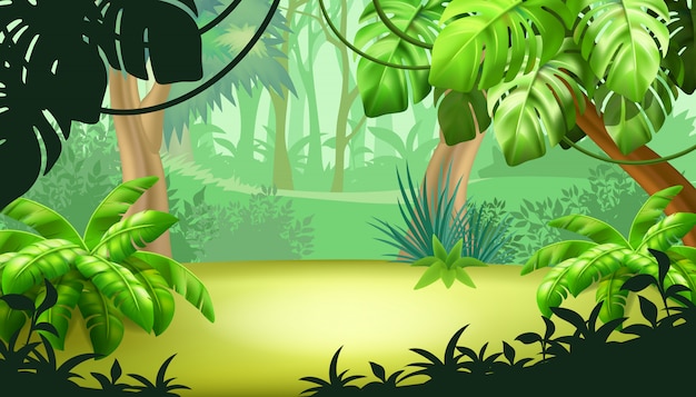 Paisaje de juego con plantas tropicales.
