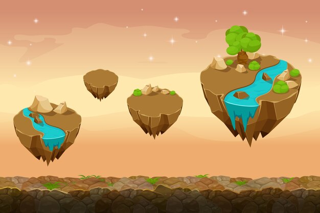 Paisaje de juego de pradera nocturna, fondo de juego interminable con ríos en las islas. Naturaleza de interfaz gráfica de usuario, paisaje de interfaz, juego de viaje ui. Ilustración vectorial